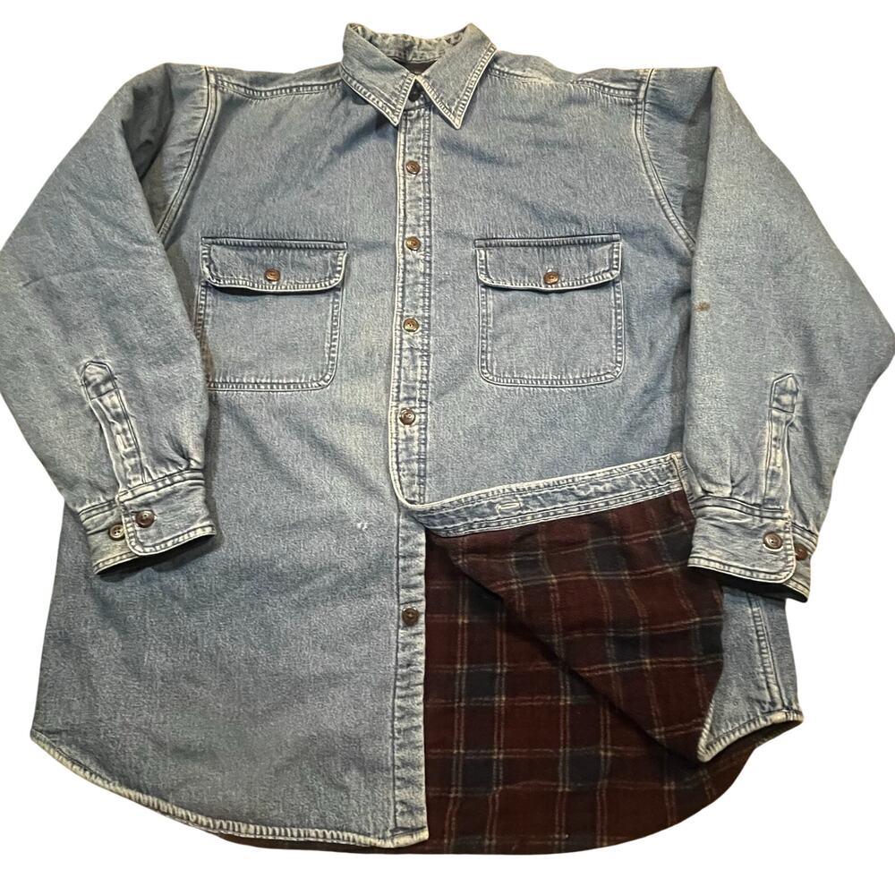 Vintage Faded Glory Lined Denim‎ Shacket Plaid Flannel Button Up Jacket Men’s L